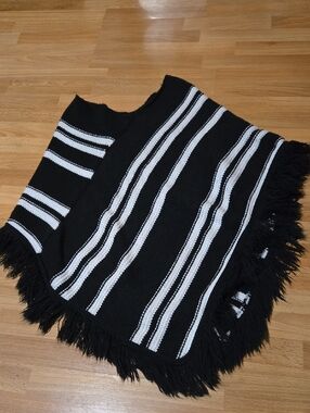 jason maxwell Black and White Striped Fringe Poncho